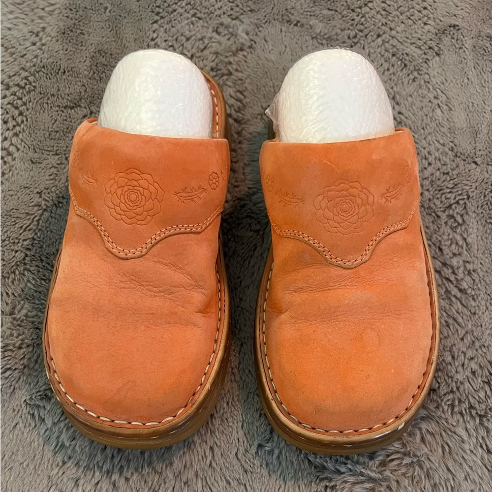 Double H Orange Mules with Floral Embossing